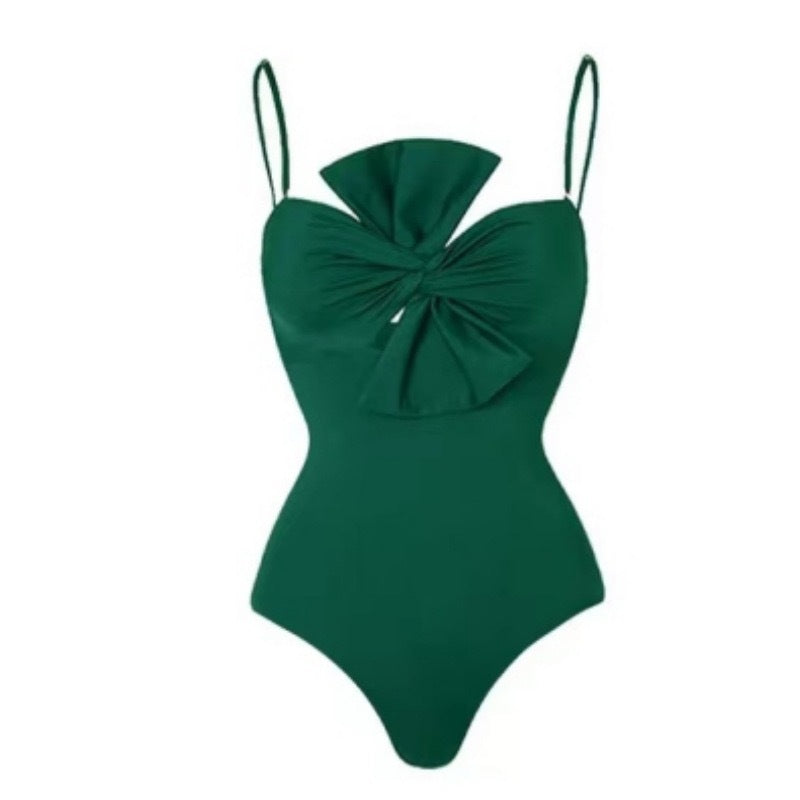 Women Swimsuit Solid Color One Piece Bow Conservative Swimsuit Women