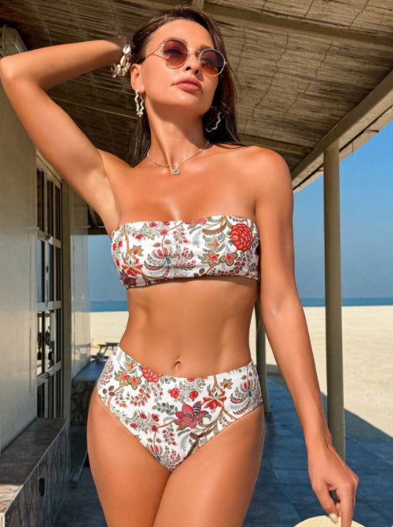 Printed Tube Top Sexy Swimsuit Triangle Bikini Women
