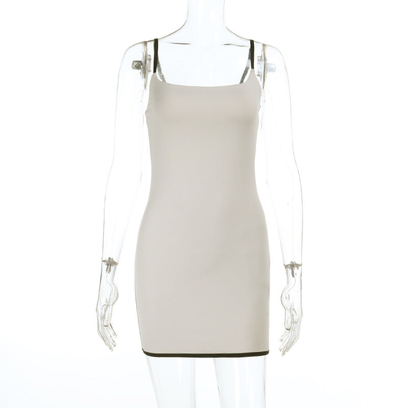 Full Support Summer Sexy Contrast Color Sling Basic Square Collar Sling Dress Women