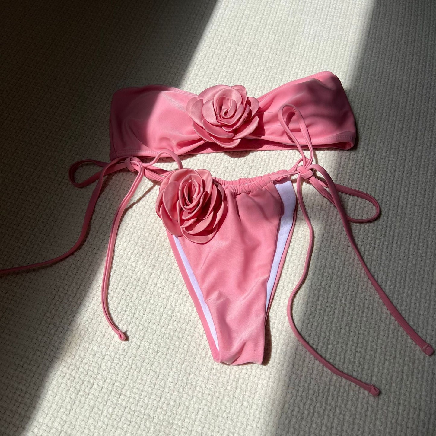 Solid Color Rose Tube Top Drawstring Strap Split Swimsuit Bikini