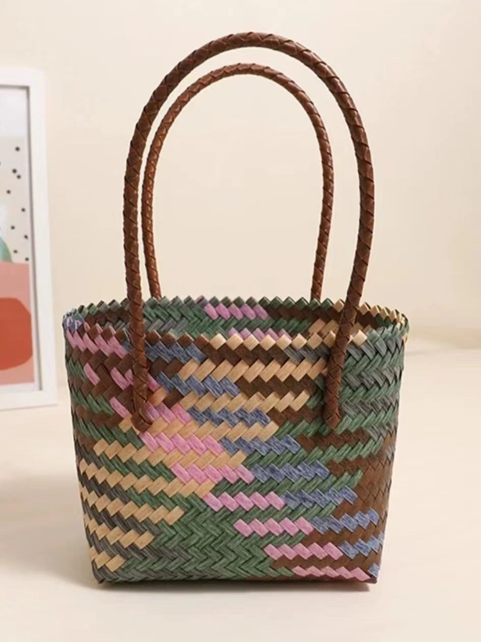 Retro Color Portable Straw Weaved Bag Square Hand Woven Bag Vacation Beach Bag Women Bag