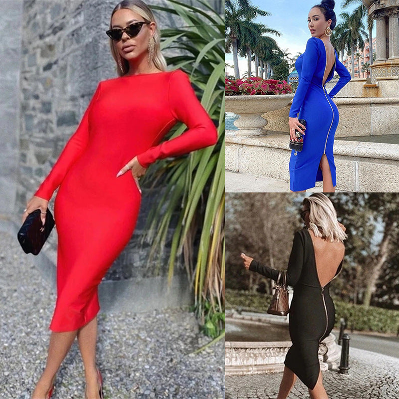 Sexy Dress Women New Backless Long Sleeves Midi Dress for Women