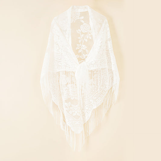 Nylon Hollow Out Cutout Breathable Tassel Triangle Shawl Women Scarf