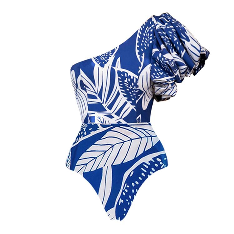 One Shoulder Bubble Sleeve Printed One Piece Swimsuit Women