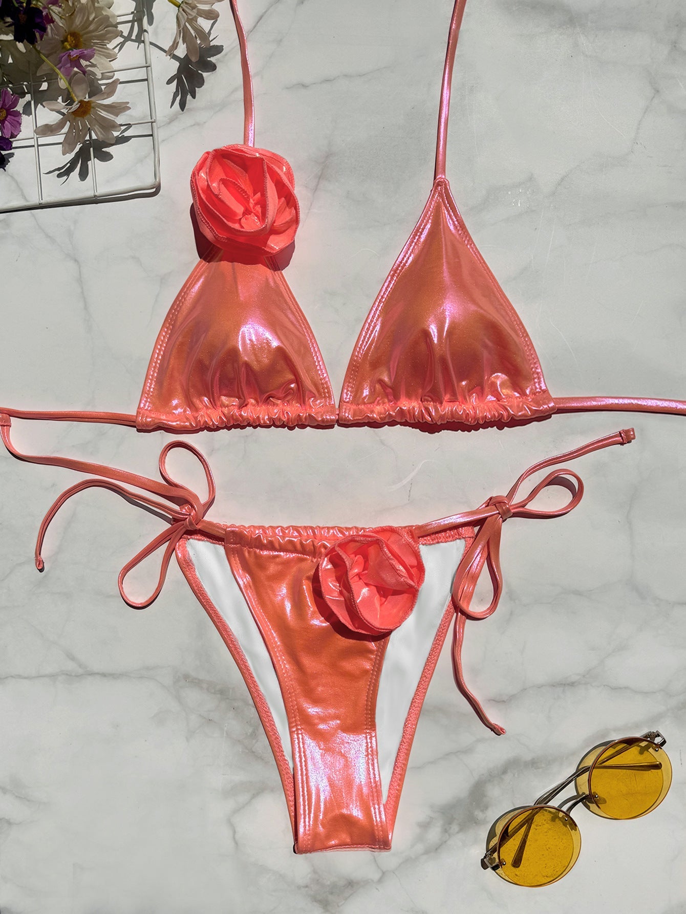 Bronzed Fabric Split Bikini Three Dimensional Floral Sexy Hanging Triangle Bag Swimsuit