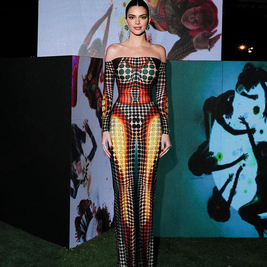 Spring Women Clothing Featured Faux off Neck Stitching Long Sleeve Slim Expansion Dress