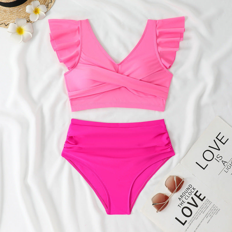 Split Swimsuit Slim Fit V Collar Contrast Color Ruffled Stitching Women Swimsuit Bikini