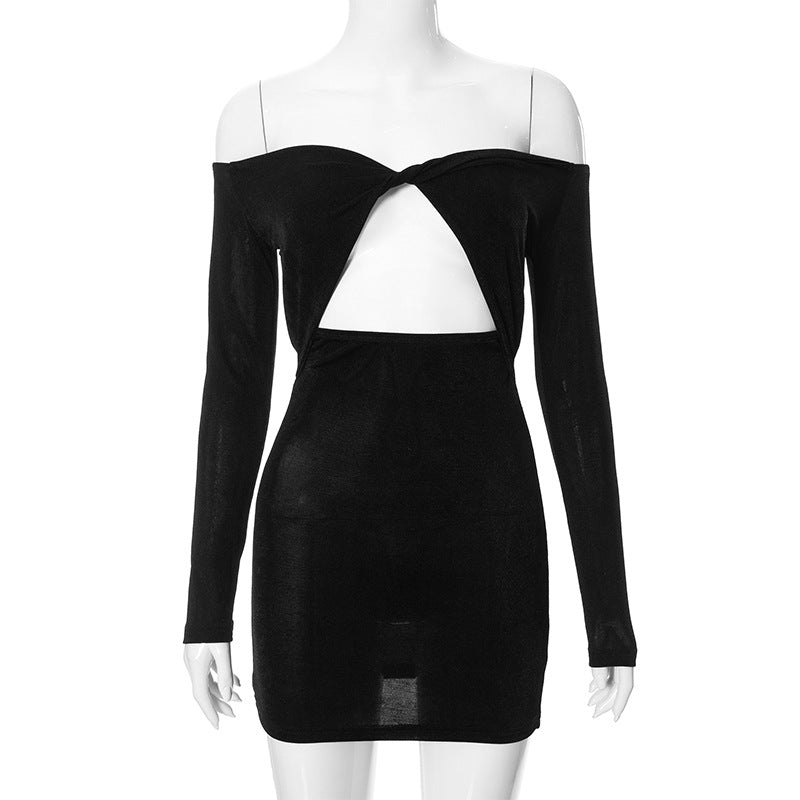 Off Neck Hollow Out Cutout out Beauty Back Short Hip Hugger Dress Women Spring Autumn
