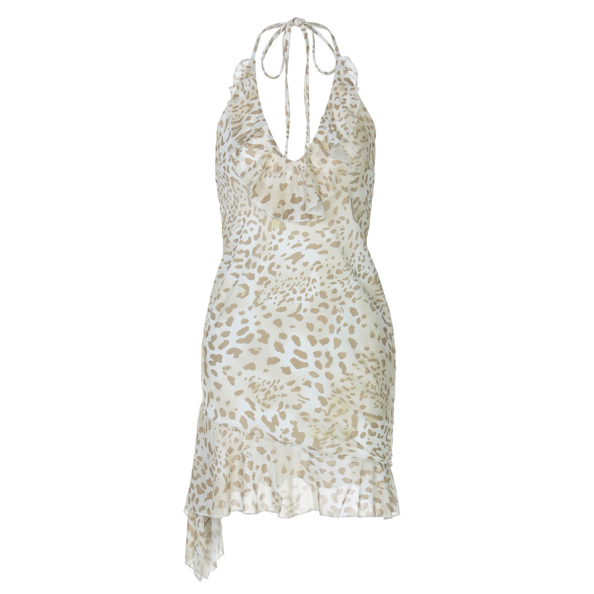 Summer Sexy Leopard Print Printed Sexy Deep V Plunge Sheath Wooden Ear Halter Dress Women