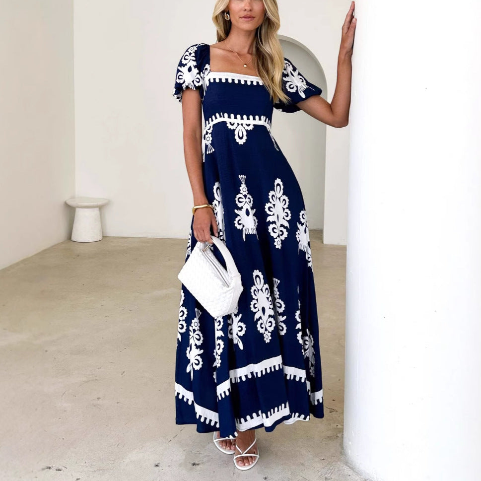 Summer Beach Dress - Floral Printed Smocking Vacation Dress with Puff Sleeves