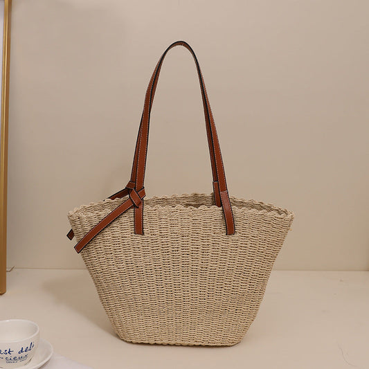 Simple Shoulder Straw Bag Large Capacity Woven Tote Women Bag Seaside Vacation Beach Bag