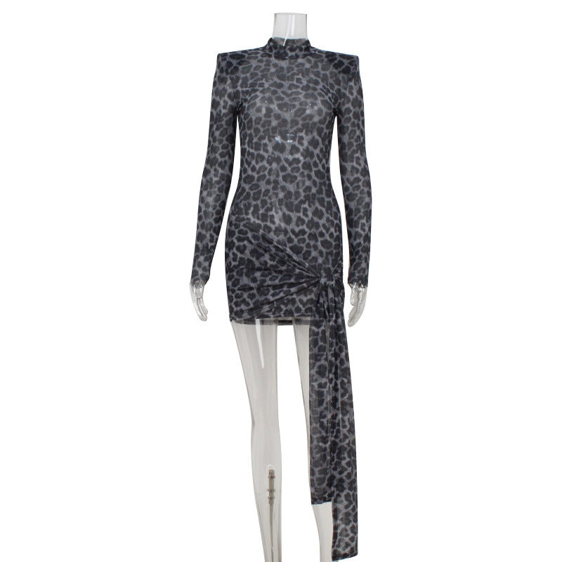 Women Clothing Mesh See through Leopard Print Lace up Waist Tight Sexy Dress