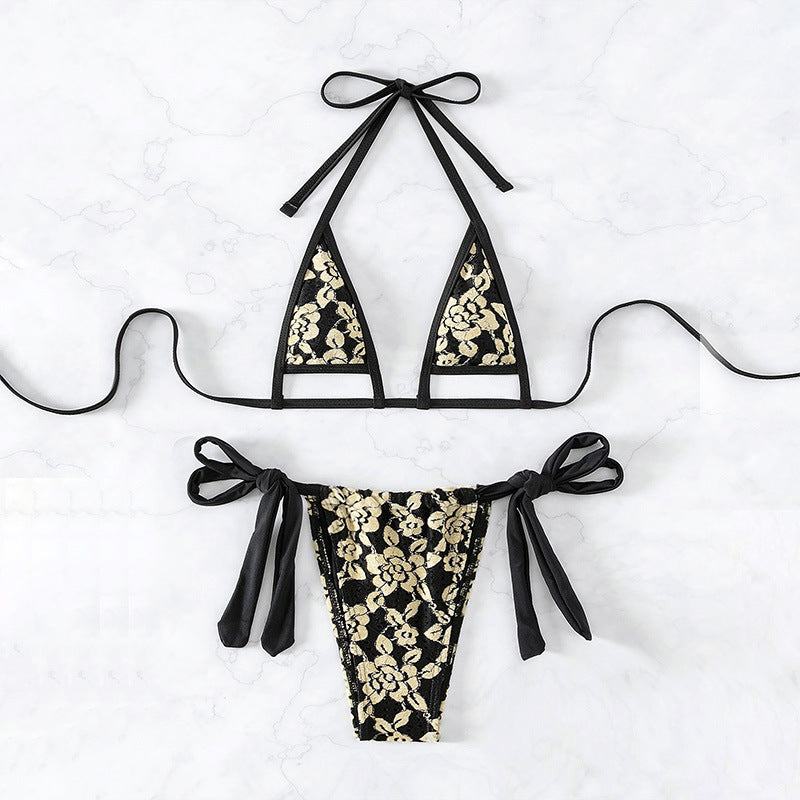 Swimwear Women Lace up Halterneck Split Bikini Three Point Sexy Beach Swimsuit