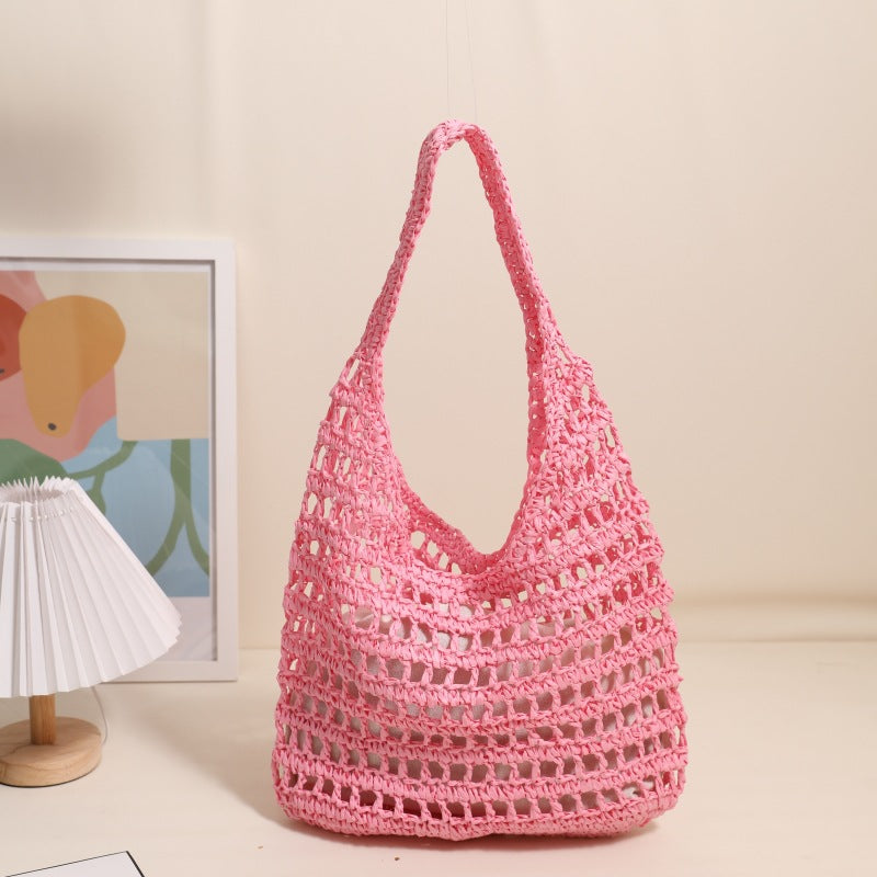 French Large Capacity Shoulder Straw Bag Hollow Out Cutout Tote Portable Straw Bag Woven Bag Seaside Vacation Beach Bag