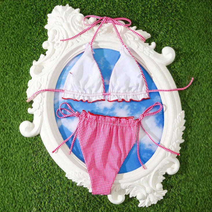 Sweet Sexy Bow Floral Plaid Split Vacation Swimsuit Women Bikini