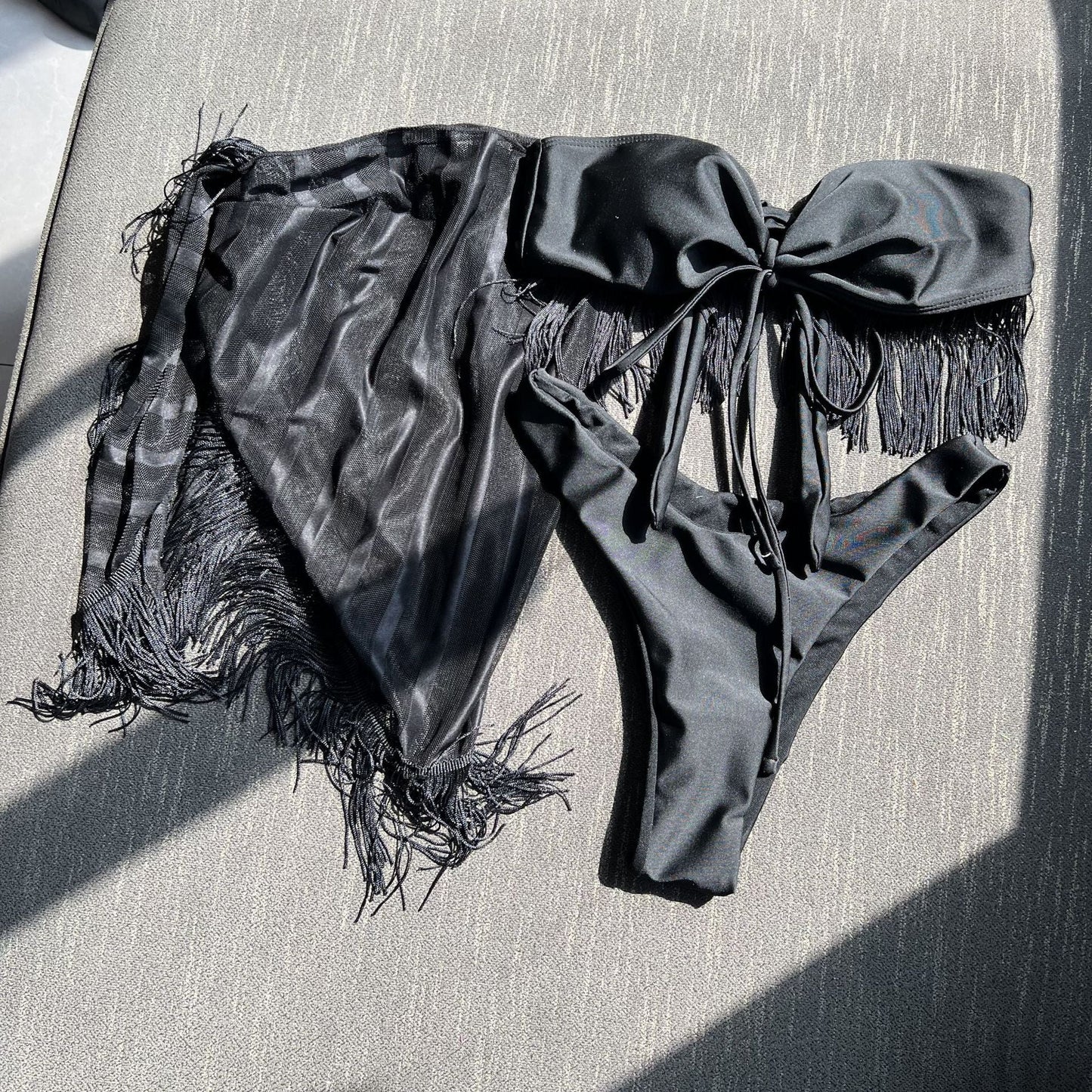 Tassel Bandeau Sling Mesh Three Piece Swimsuit Bikini