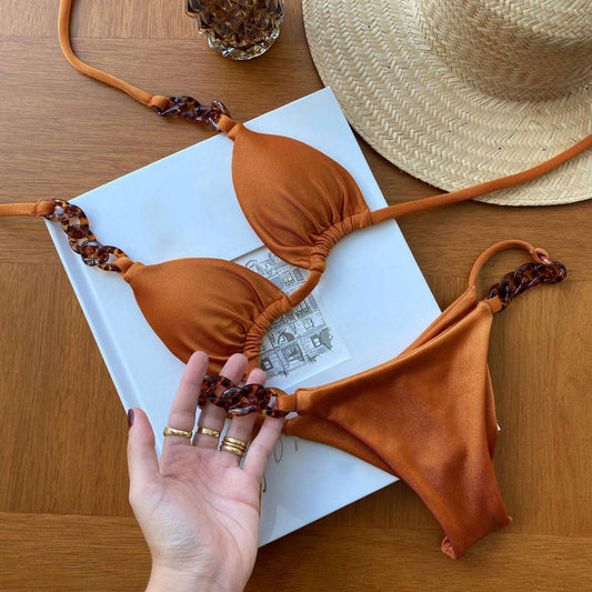 Three Point Halter Strap Sexy Backless Low Waist Bikini Solid Color Split Swimsuit