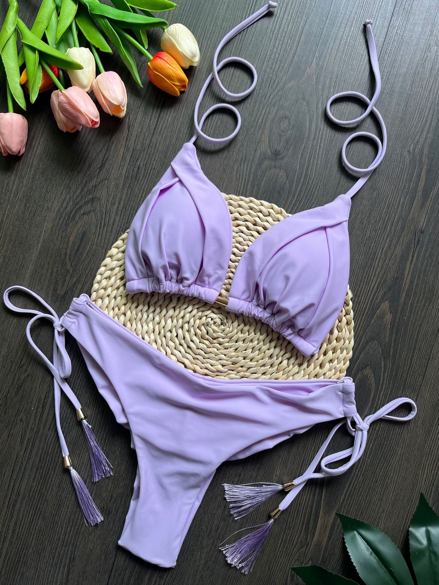 Tassel Solid Color Bikini Swimsuit Set Beach Sexy Women Swimsuit