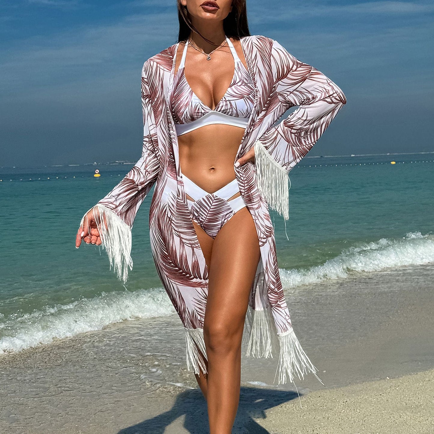 Swimsuit Women Bikini Three Piece Sets Veils Skirt Miami Tassel Swimsuit