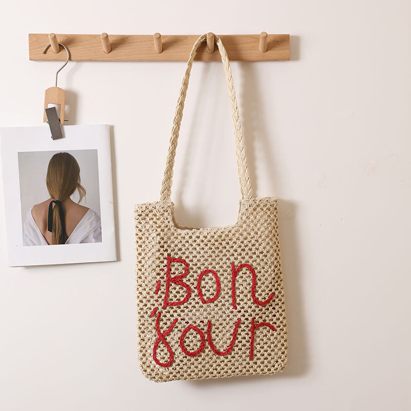 Letter Graphic Embroidery One Shoulder Straw Bag Hollow Out Cutout out Straw Bag Woven Bag Vacation Beach Bag Women Bag