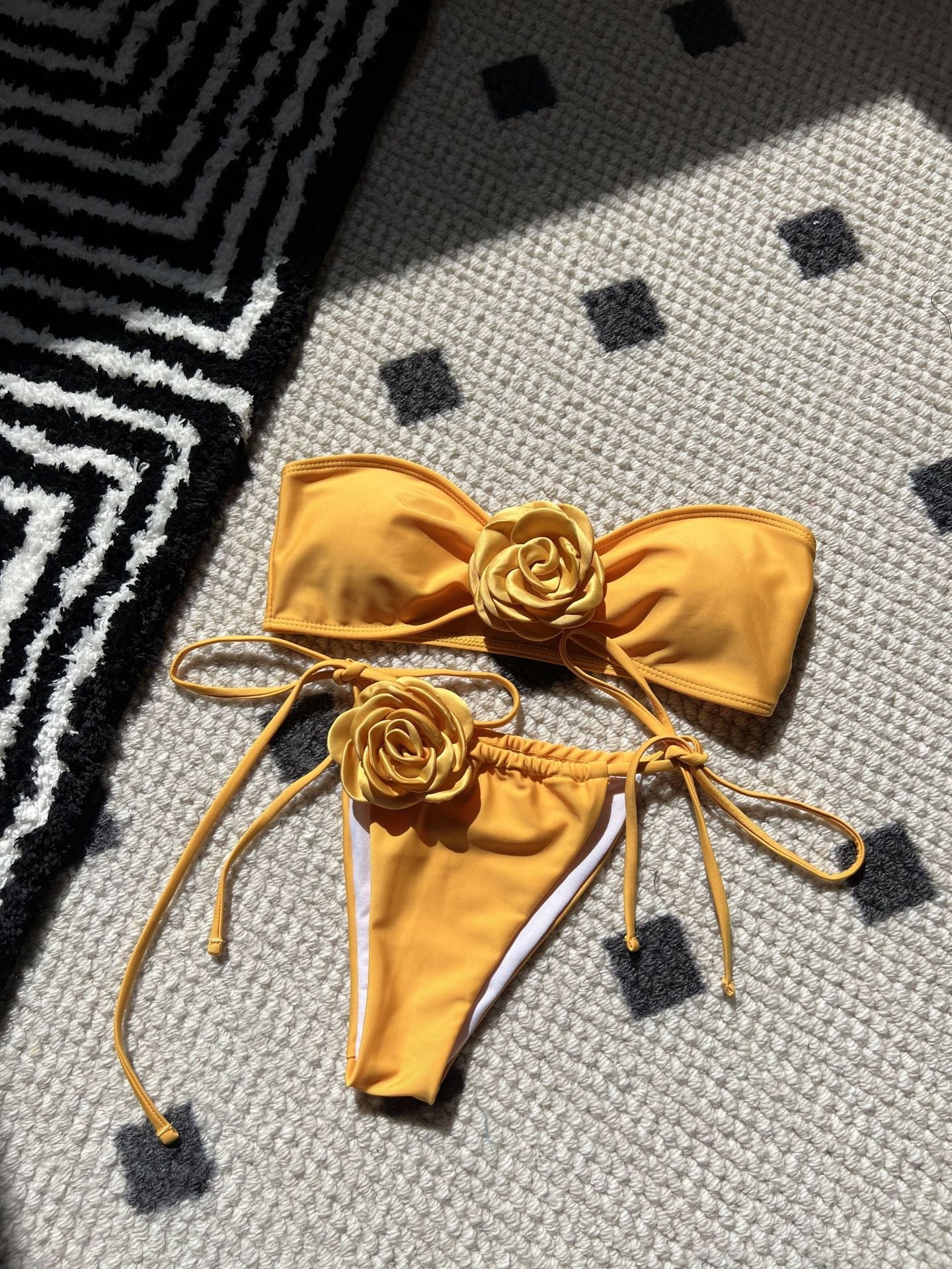 Solid Color Rose Tube Top Drawstring Strap Split Swimsuit Bikini