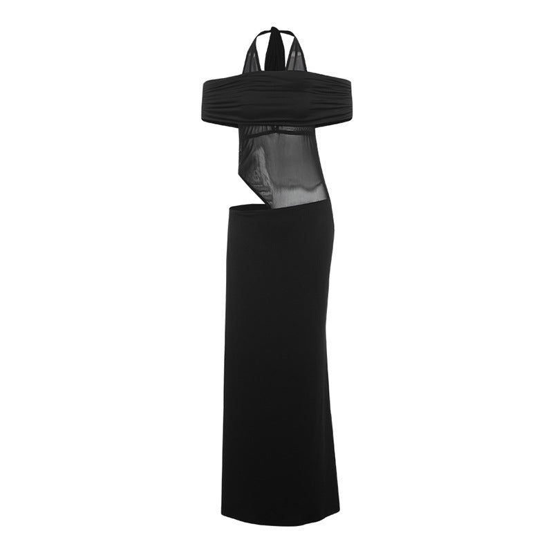 Spring Women Clothing Sexy Halter Mesh Slim Fit Patchwork Backless See through Dress