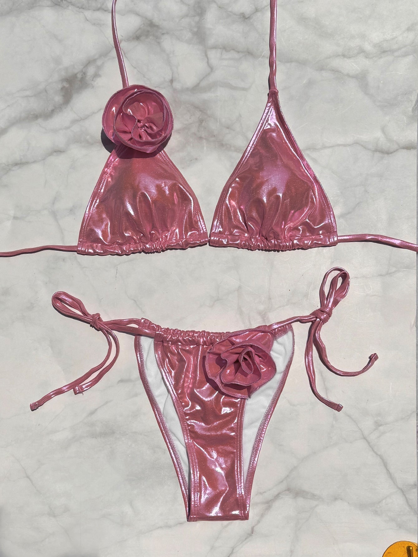 Bronzed Fabric Split Bikini Three Dimensional Floral Sexy Hanging Triangle Bag Swimsuit