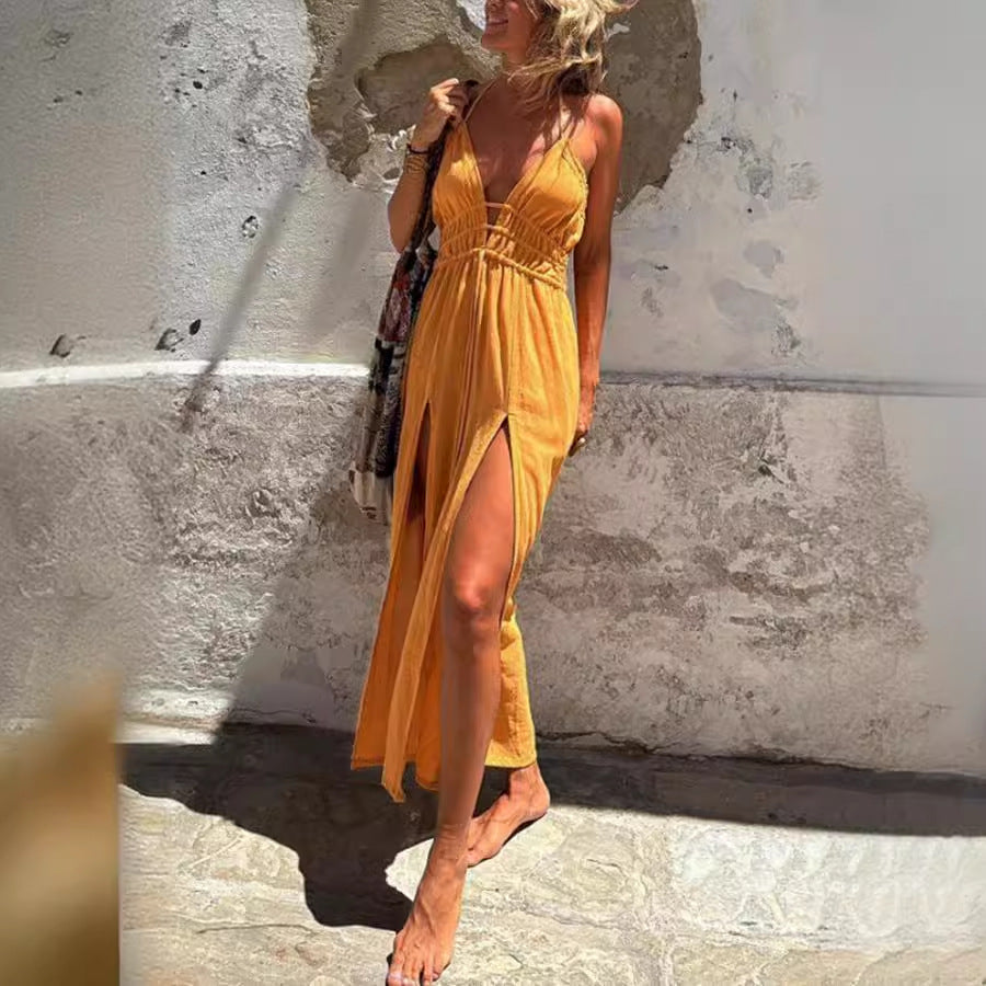 Sexy Sling Solid Color Hem Double Slit Dress