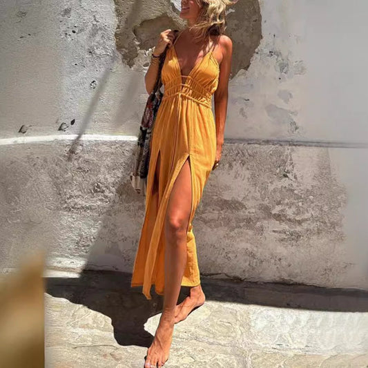 Sexy Sling Solid Color Hem Double Slit Dress