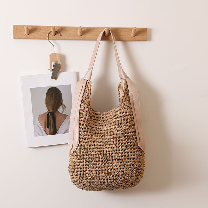 Ribbon Shoulder Straw Bag Large Capacity Solid Color Woven Bag Seaside Vacation Beach Bag Straw Bag