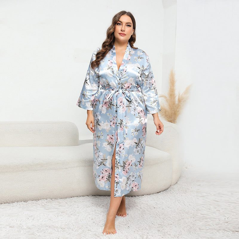 Plus Size Women Artificial Silk Satin Long Sleeved Pajamas Plump Girls Wearable Home