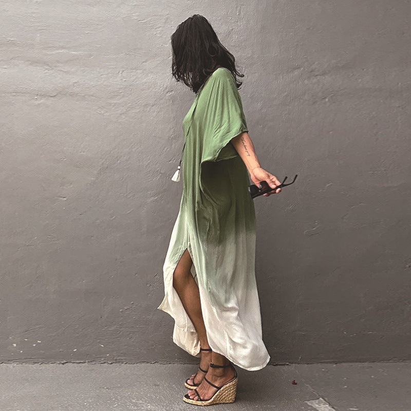 Gradient Color Rayon Beach Dress Vacation Beach Cover Up Swimsuit Outwear Dress Women Slit