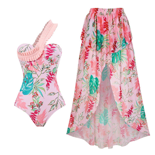 Swimwear Puff Sleeve outside One Piece Retro Printed Swimsuit Women Printed Wrap Skirt Set
