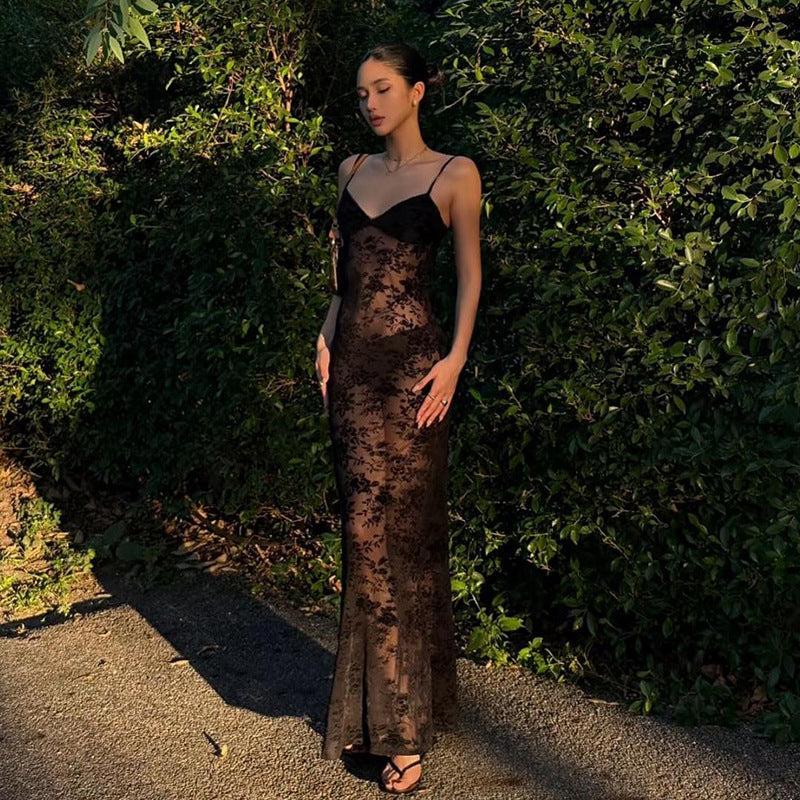 Spring Summer Women Mesh Sexy See through V neck Backless Slim Fit Sling Dress