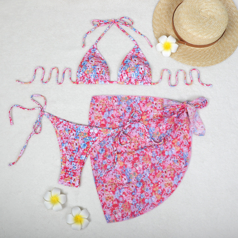 Printed Bikini Three Piece Gauze Skirt Split Sexy Vacation Bikini Swimsuit