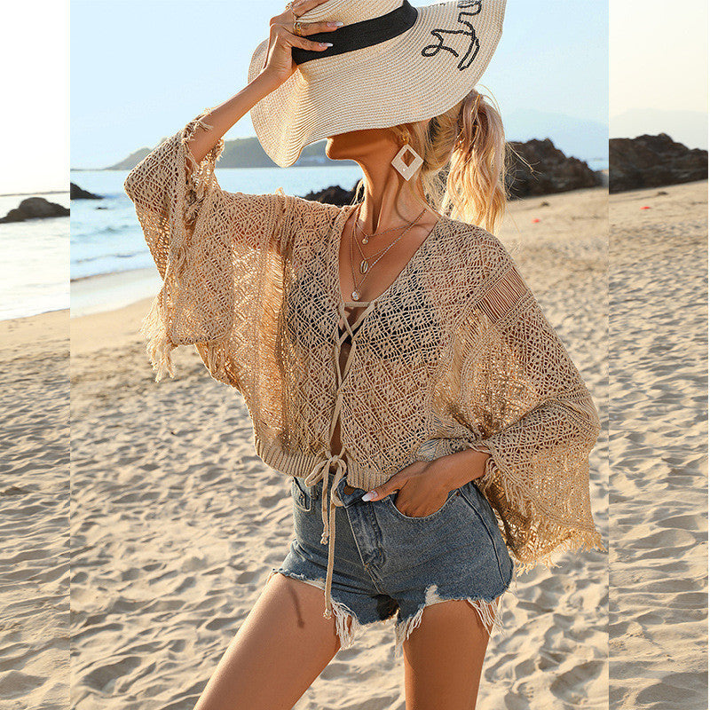 Beach Sun Protection Shirt Swimsuit Outwear Blouse Beach Jacket Water Soluble Lace Bell Sleeve Bikini Crochet hook