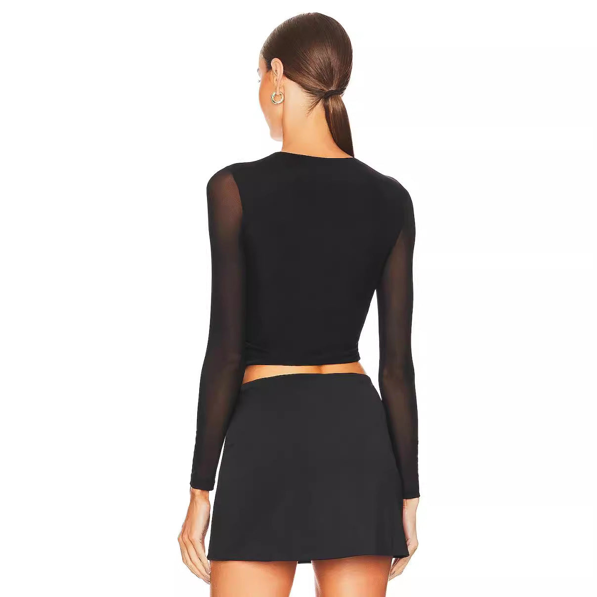 Black Long Sleeve Mesh Design Blouse Women Autumn Slim Fit Cardigan Buckle T shirt