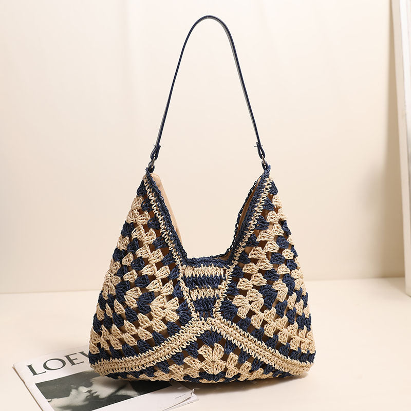 Casual Hollow Out Cutout Shoulder Straw Bag Triangle Large Capacity Straw Bag Woven Bag Vacation Beach Bag Women Bag