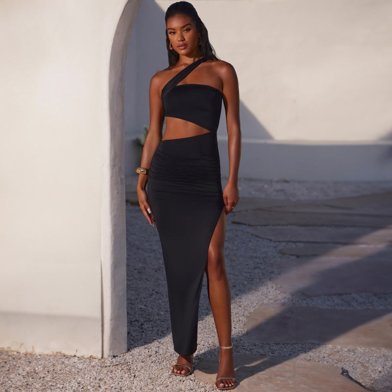 Summer One Shoulder Cropped Sexy Sheath Split Dress Women Clothing