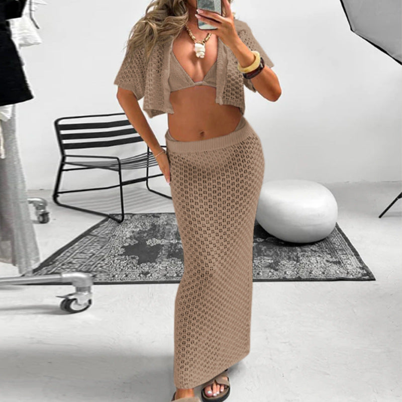 Short Sleeved Cardigan Hollow Out Cutout out Top Slim Fit Long Knitted Skirt Sun Proof Beach Skirt