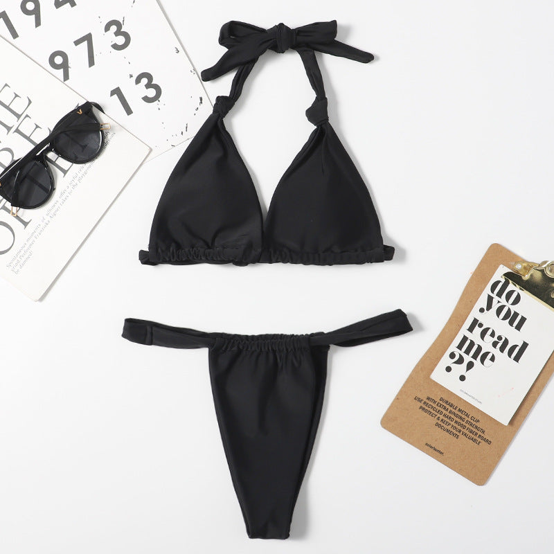 Nylon Double Sided Women Split Solid Color Sexy Bikini Halter Lace Up Triangle Bikini Swimsuit