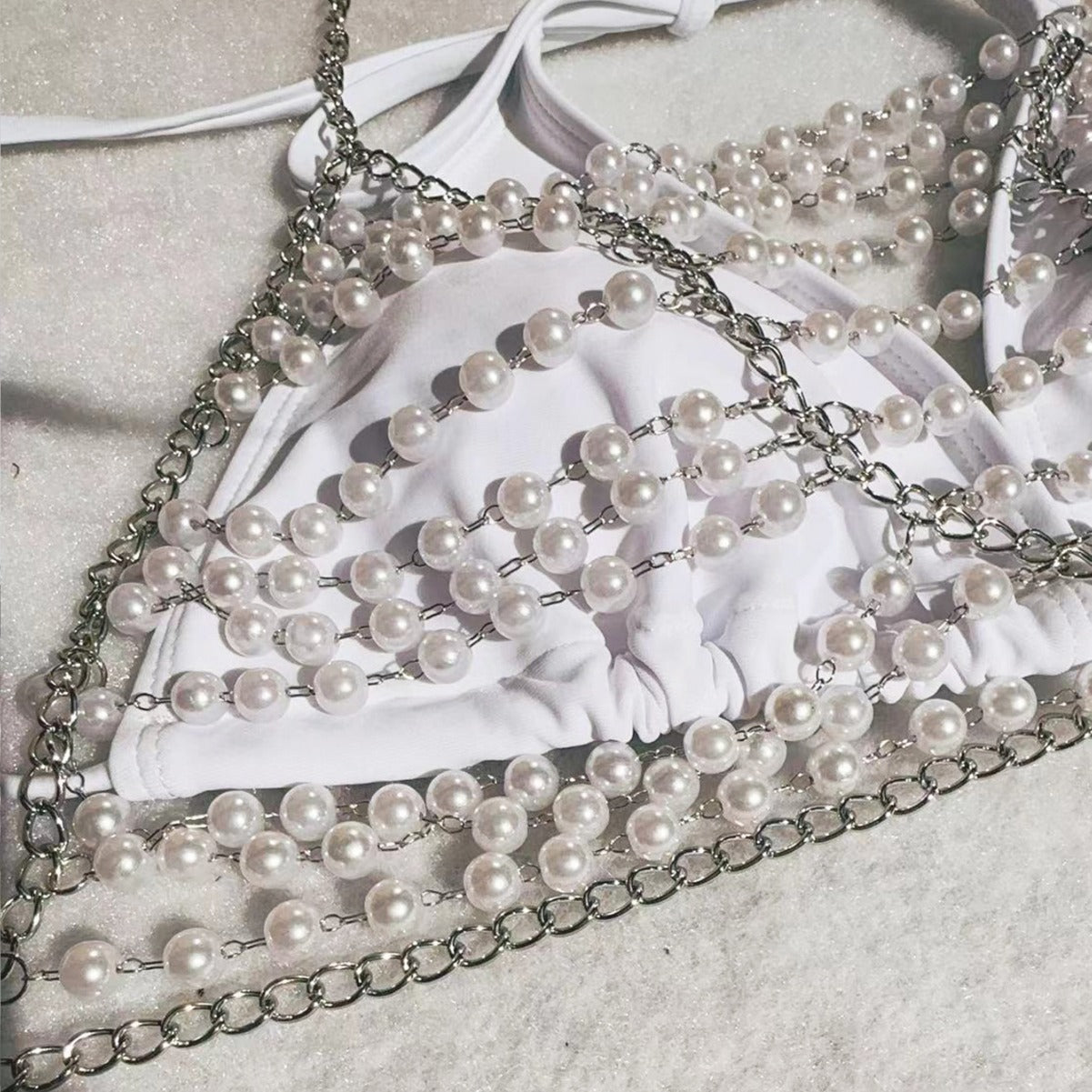 Sexy Pearl Chain Bandage Swimsuit Women Split Three Piece Bikini