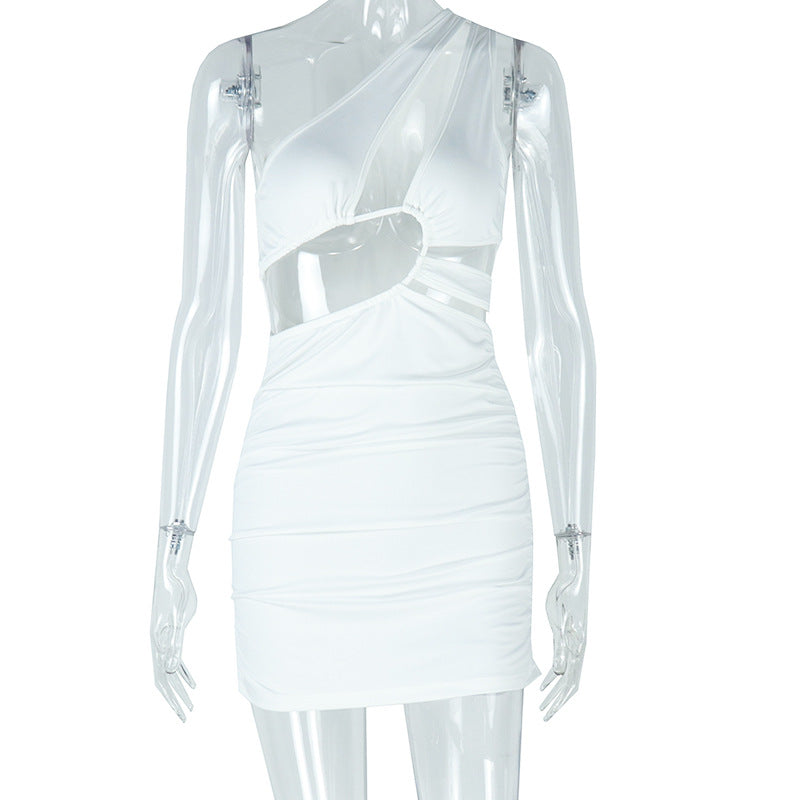 Casual Women Clothing Hollow Out Cutout Comfortable Elegant Simple Solid Color Hip dress Sleeveless Diagonal Collar Short Dress