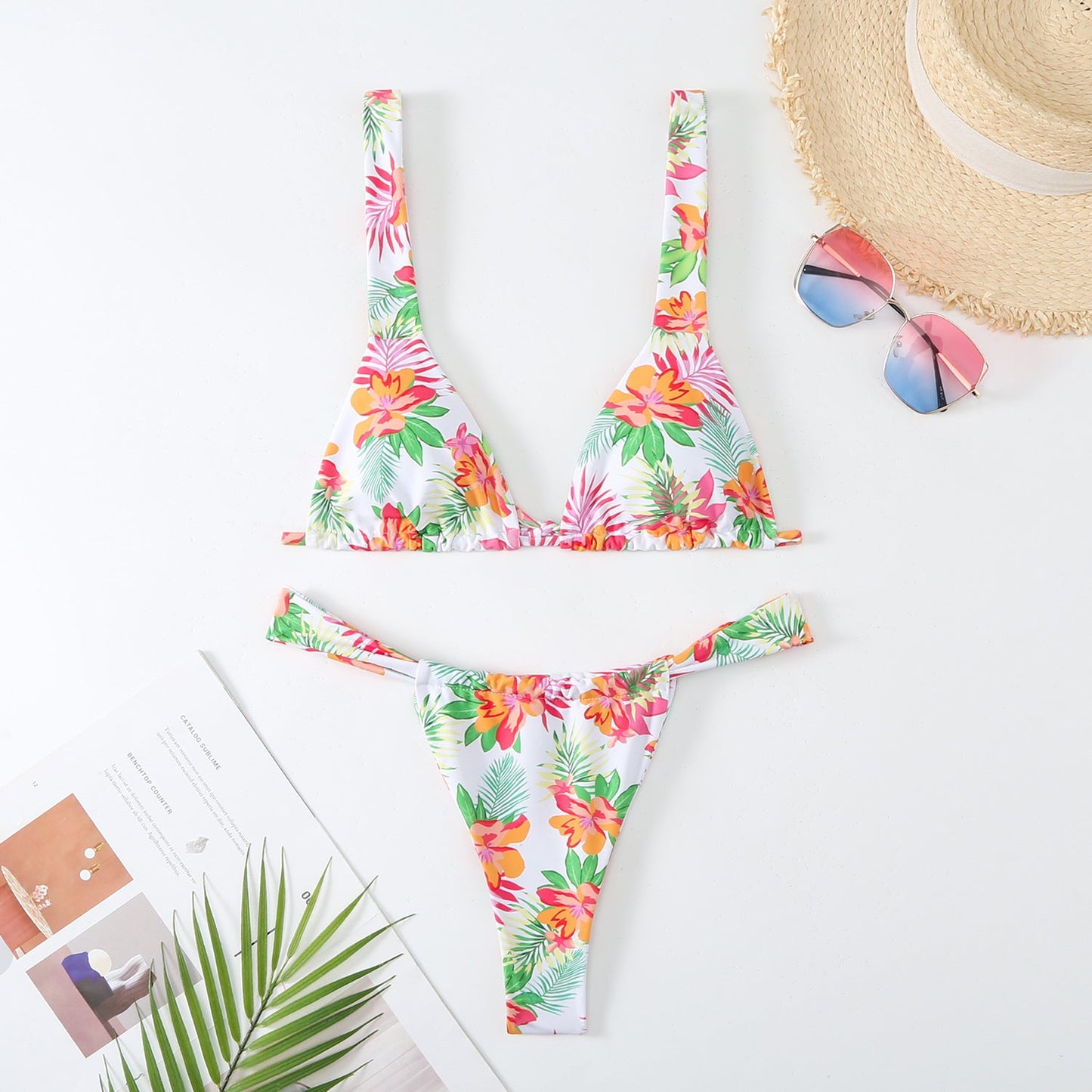 Swimsuit Women Printed Lace up Sexy Backless Split Swimsuit Floral Three Point Bikini