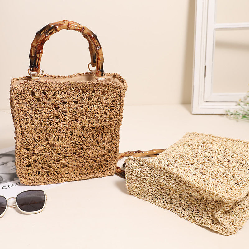 Sac en paille avec anse en bambou, carré en ficelle de papier, crocheté, pour femme, sac tissé décontracté, sac de plage 
