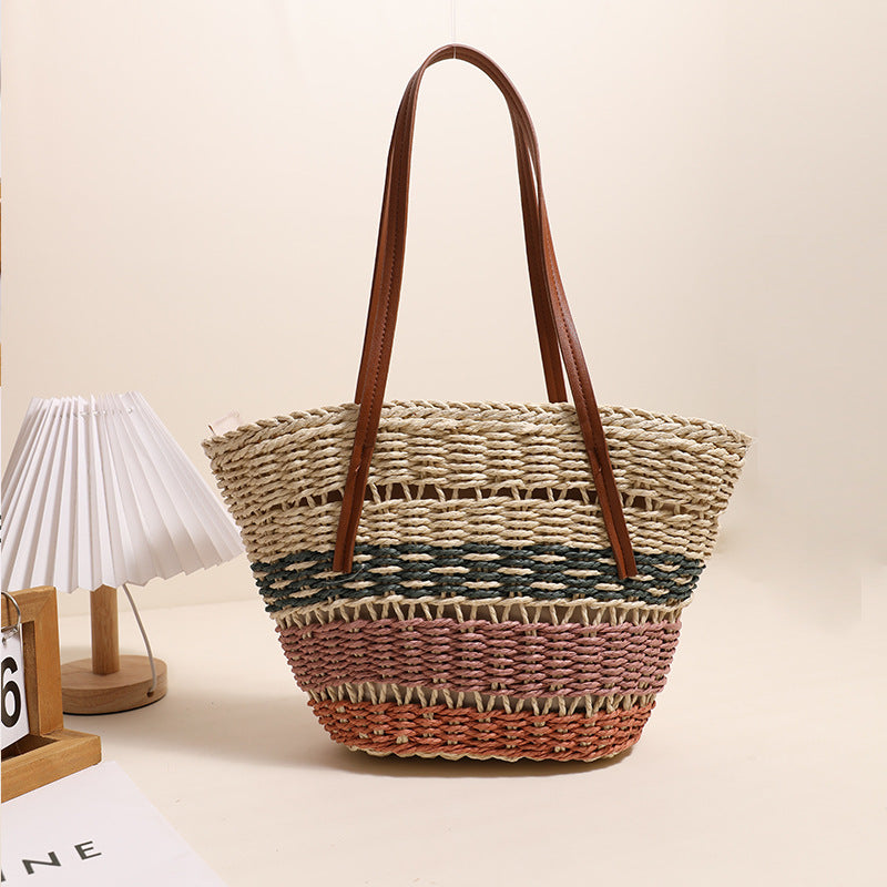 Colorful Striped Shoulder Straw Bag Large Capacity Straw Bag Woven Bag Rattan Women Bag Portable Vegetable Basket