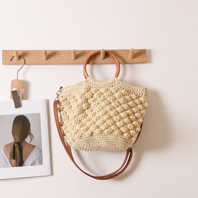 Beanie Crossbody Straw Bag Wooden Ring Portable Straw Bag Woven Bag Vacation Beach Bag Women Bag