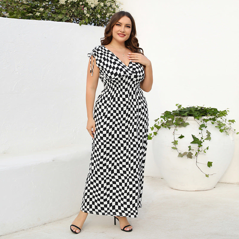 High Grade Black White Plaid V neck Dress Slimming Women Clothing Graceful Long Dress