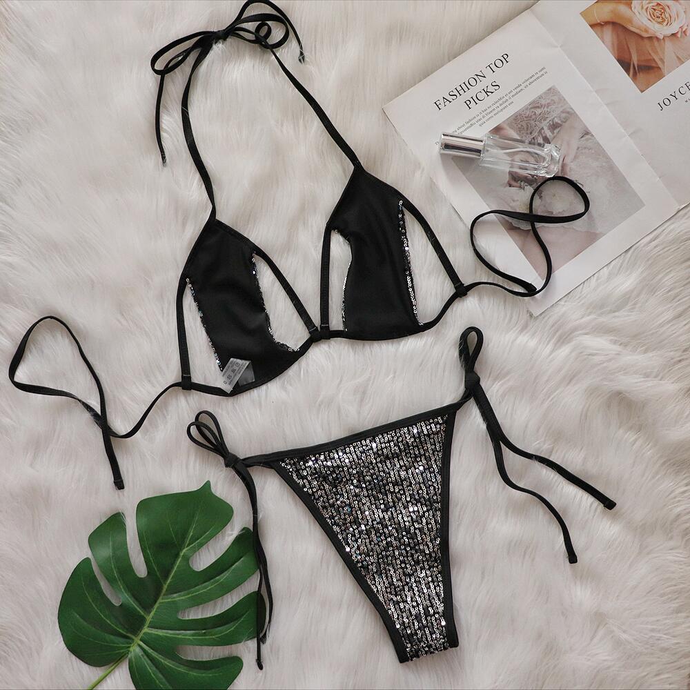 Bikini Sexy Split Sequined Swimsuit Women Lace-up Cutout Beach Swimsuit