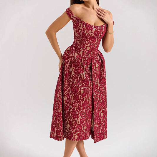 Robe mi-longue à épaules dénudées et imprimé floral dos nu avec détails à la taille